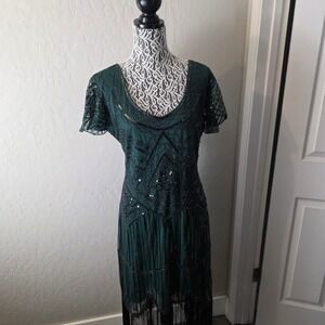 Fundaisy Beaded Flapper Cocktail Dress Womens XXL Green Fringe Hem Gatsby 20's